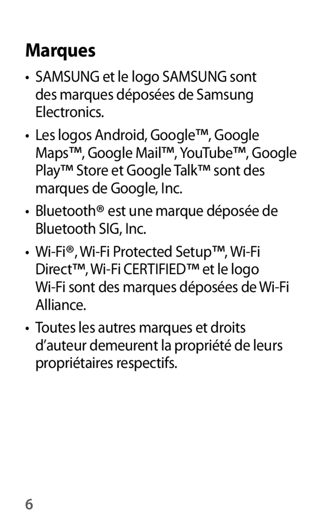 Samsung SM-G3815ZBASFR, SM-G3815RWASFR manual Marques, Bluetooth est une marque déposée de Bluetooth SIG, Inc 