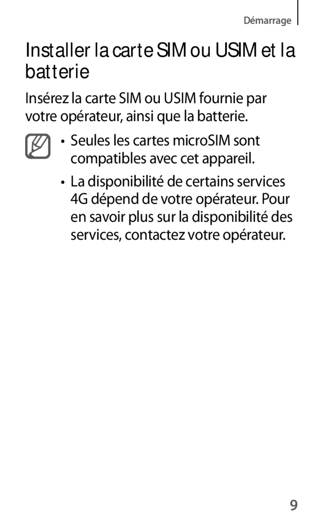 Samsung SM-G3815RWASFR, SM-G3815ZBASFR manual Installer la carte SIM ou Usim et la batterie 