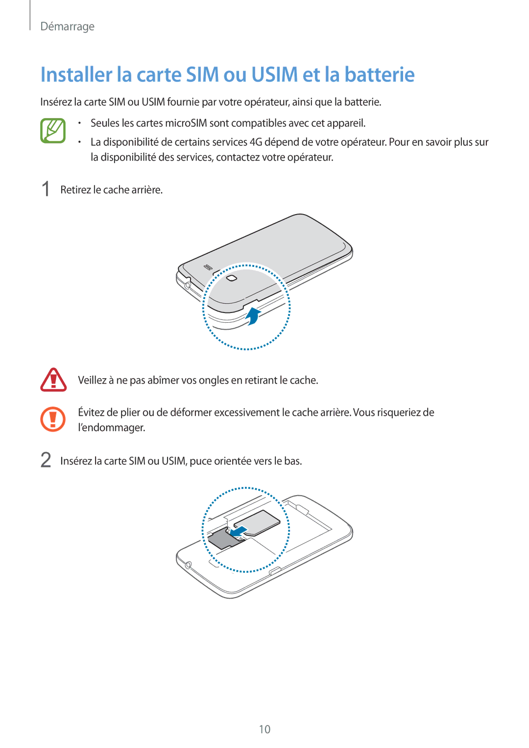 Samsung SM-G3815ZBASFR, SM-G3815RWASFR manual Installer la carte SIM ou Usim et la batterie 