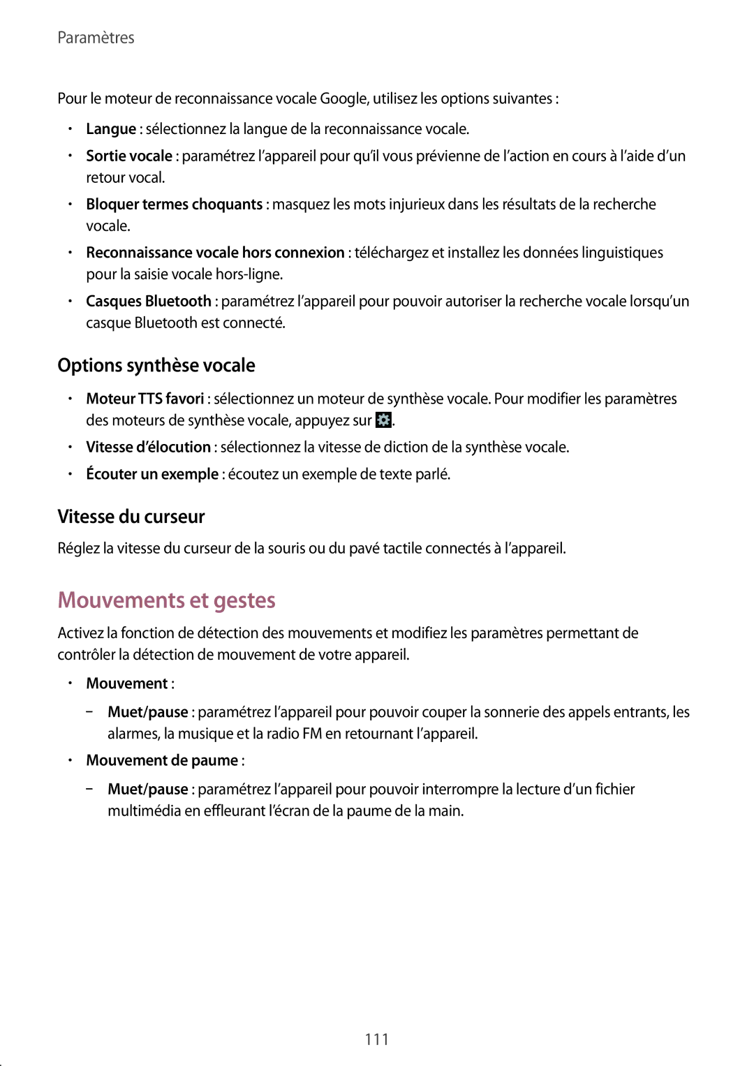 Samsung SM-G3815RWASFR manual Mouvements et gestes, Options synthèse vocale, Vitesse du curseur, Mouvement de paume 