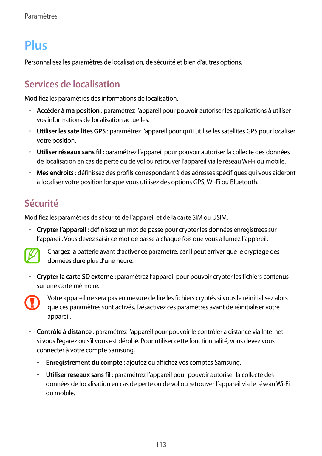 Samsung SM-G3815RWASFR, SM-G3815ZBASFR manual Plus, Services de localisation, Sécurité 