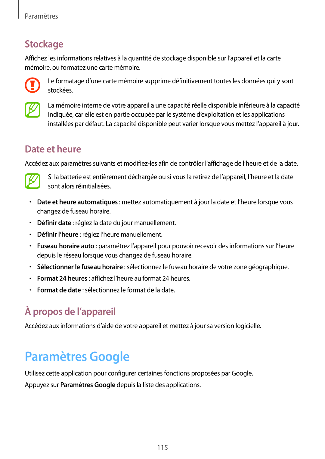 Samsung SM-G3815RWASFR, SM-G3815ZBASFR manual Paramètres Google, Stockage, Date et heure, Propos de l’appareil 