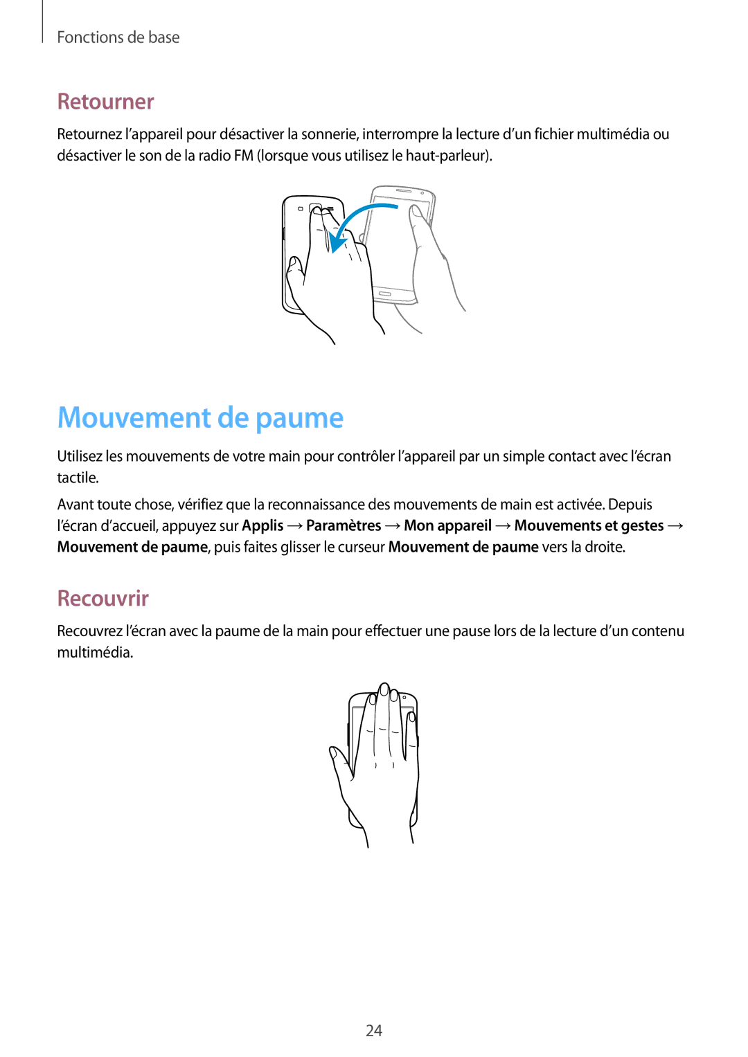 Samsung SM-G3815ZBASFR, SM-G3815RWASFR manual Mouvement de paume, Retourner, Recouvrir 