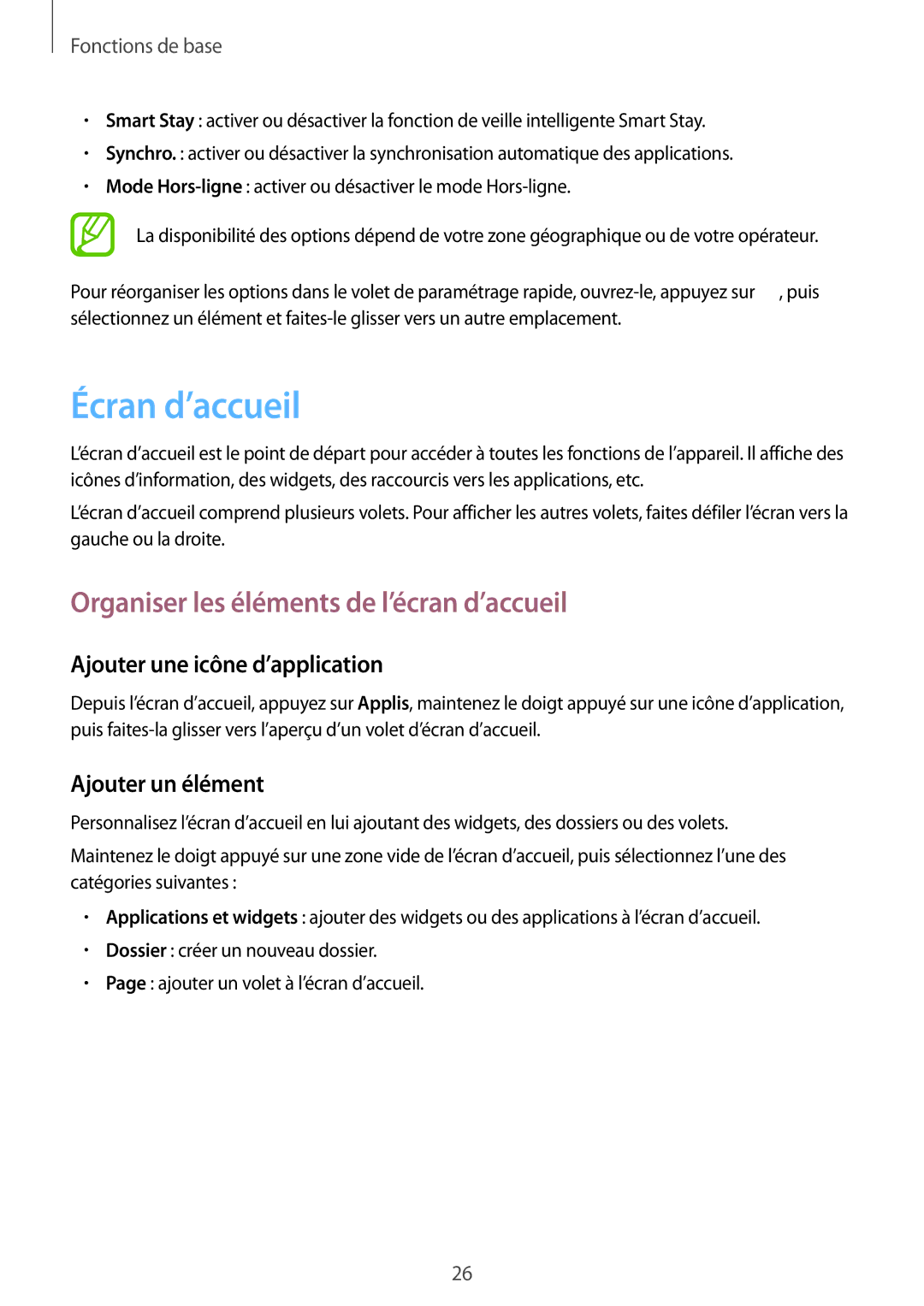 Samsung SM-G3815ZBASFR manual Écran d’accueil, Organiser les éléments de l’écran d’accueil, Ajouter une icône d’application 