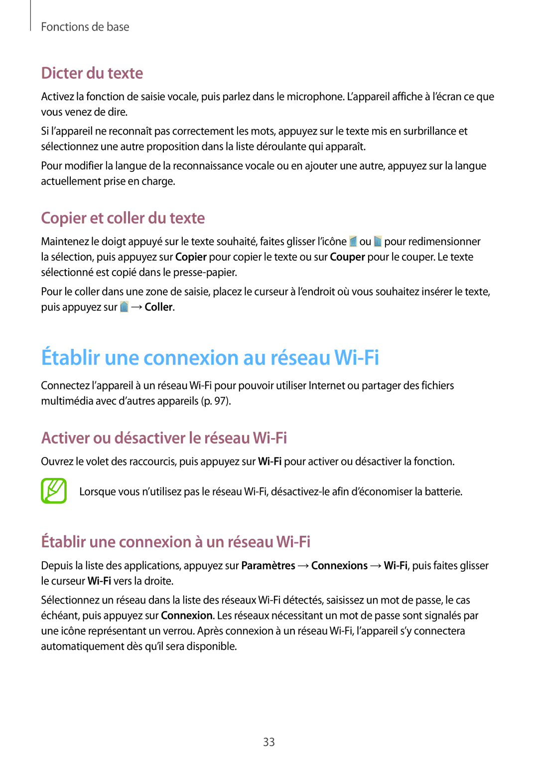 Samsung SM-G3815RWASFR, SM-G3815ZBASFR Établir une connexion au réseau Wi-Fi, Dicter du texte, Copier et coller du texte 