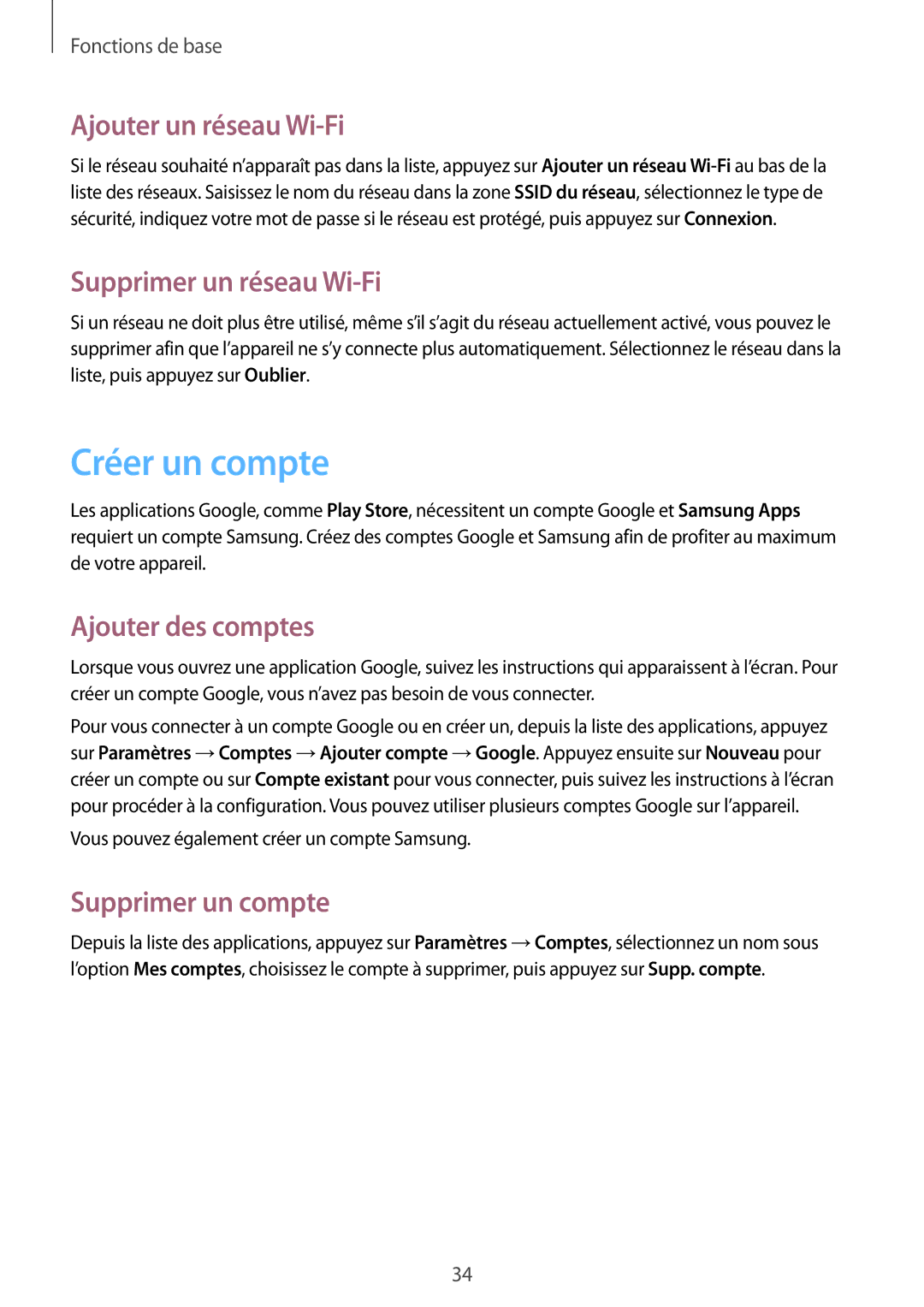 Samsung SM-G3815ZBASFR manual Créer un compte, Ajouter un réseau Wi-Fi, Supprimer un réseau Wi-Fi, Ajouter des comptes 