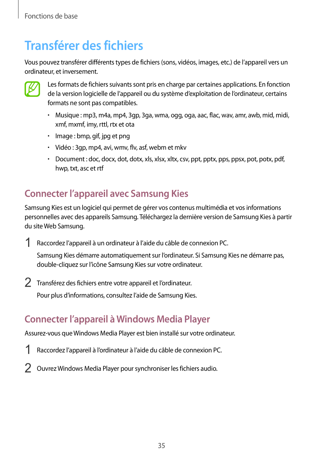 Samsung SM-G3815RWASFR, SM-G3815ZBASFR manual Transférer des fichiers, Connecter l’appareil avec Samsung Kies 