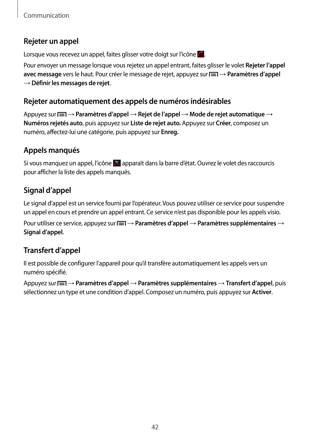 Samsung SM-G3815ZBASFR manual Rejeter un appel, Rejeter automatiquement des appels de numéros indésirables, Appels manqués 