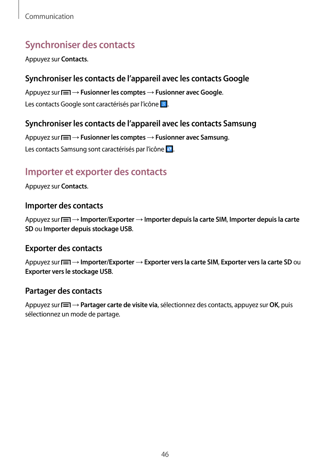 Samsung SM-G3815ZBASFR, SM-G3815RWASFR Synchroniser des contacts, Importer et exporter des contacts, Importer des contacts 