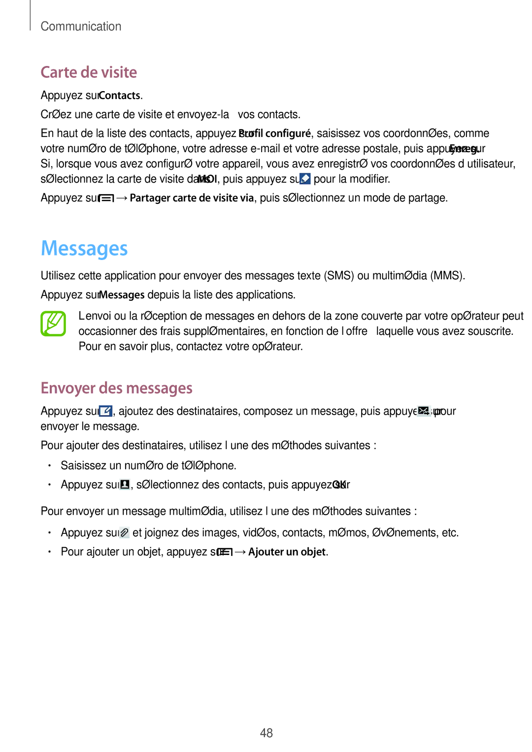 Samsung SM-G3815ZBASFR, SM-G3815RWASFR manual Messages, Carte de visite, Envoyer des messages 