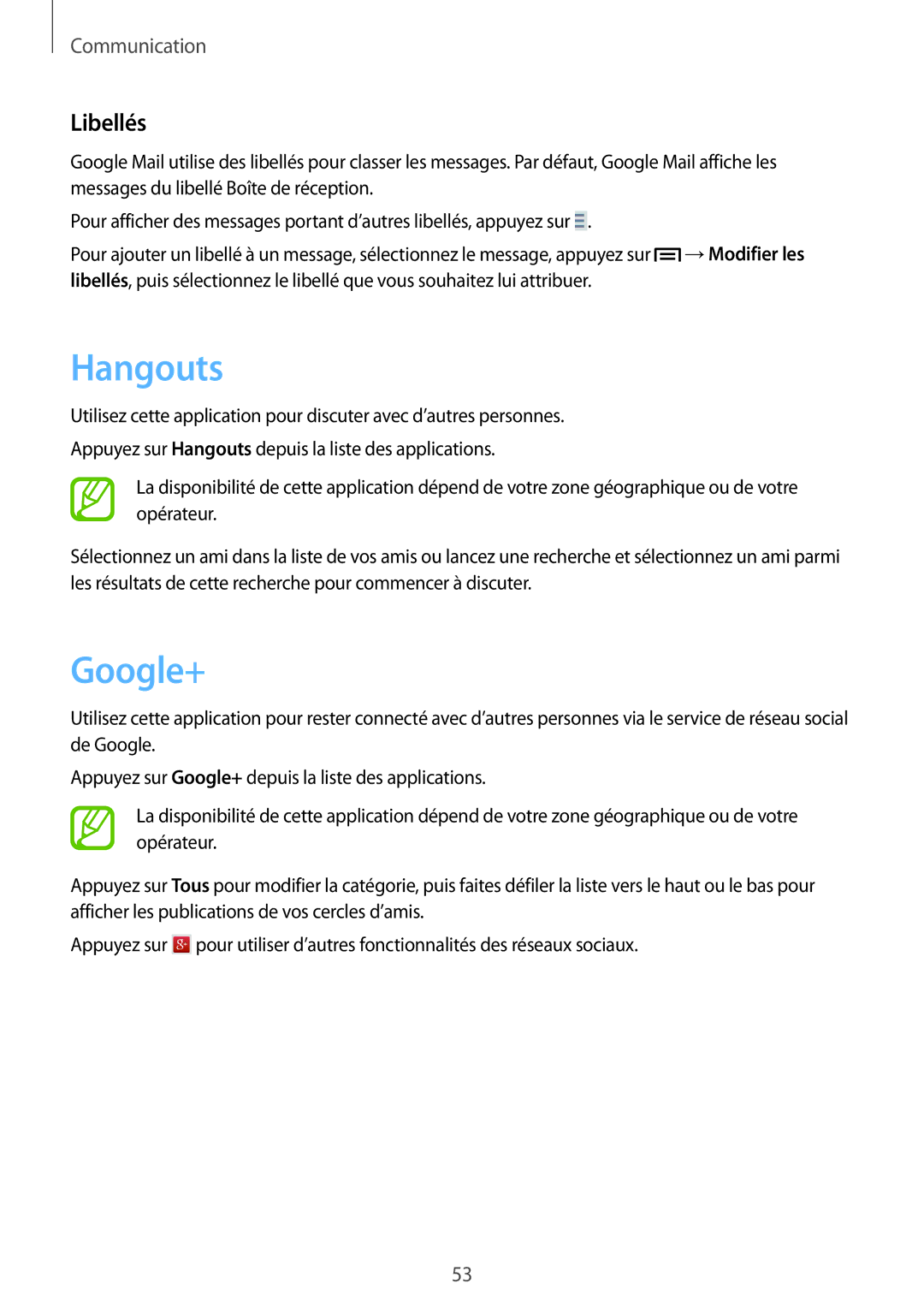 Samsung SM-G3815RWASFR, SM-G3815ZBASFR manual Hangouts, Google+, Libellés 