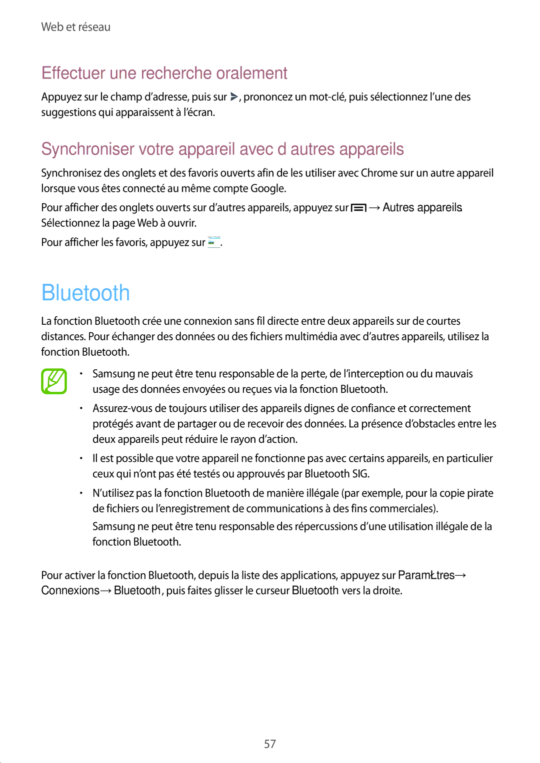 Samsung SM-G3815RWASFR, SM-G3815ZBASFR manual Bluetooth, Synchroniser votre appareil avec d’autres appareils 
