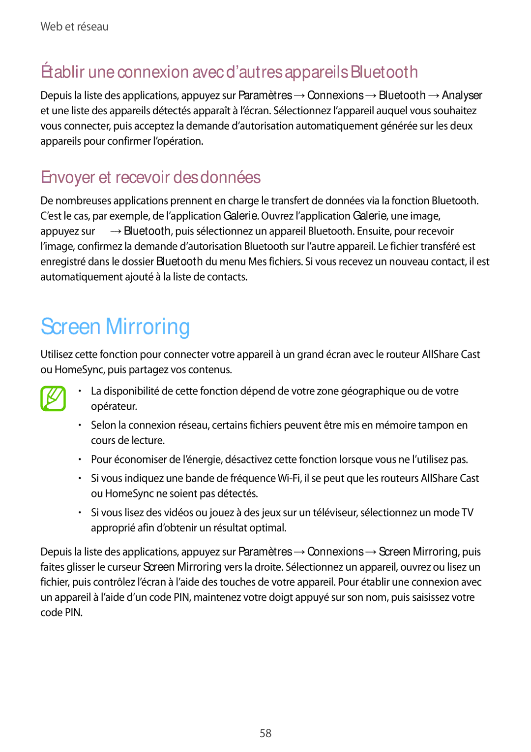 Samsung SM-G3815ZBASFR, SM-G3815RWASFR manual Screen Mirroring, Établir une connexion avec d’autres appareils Bluetooth 