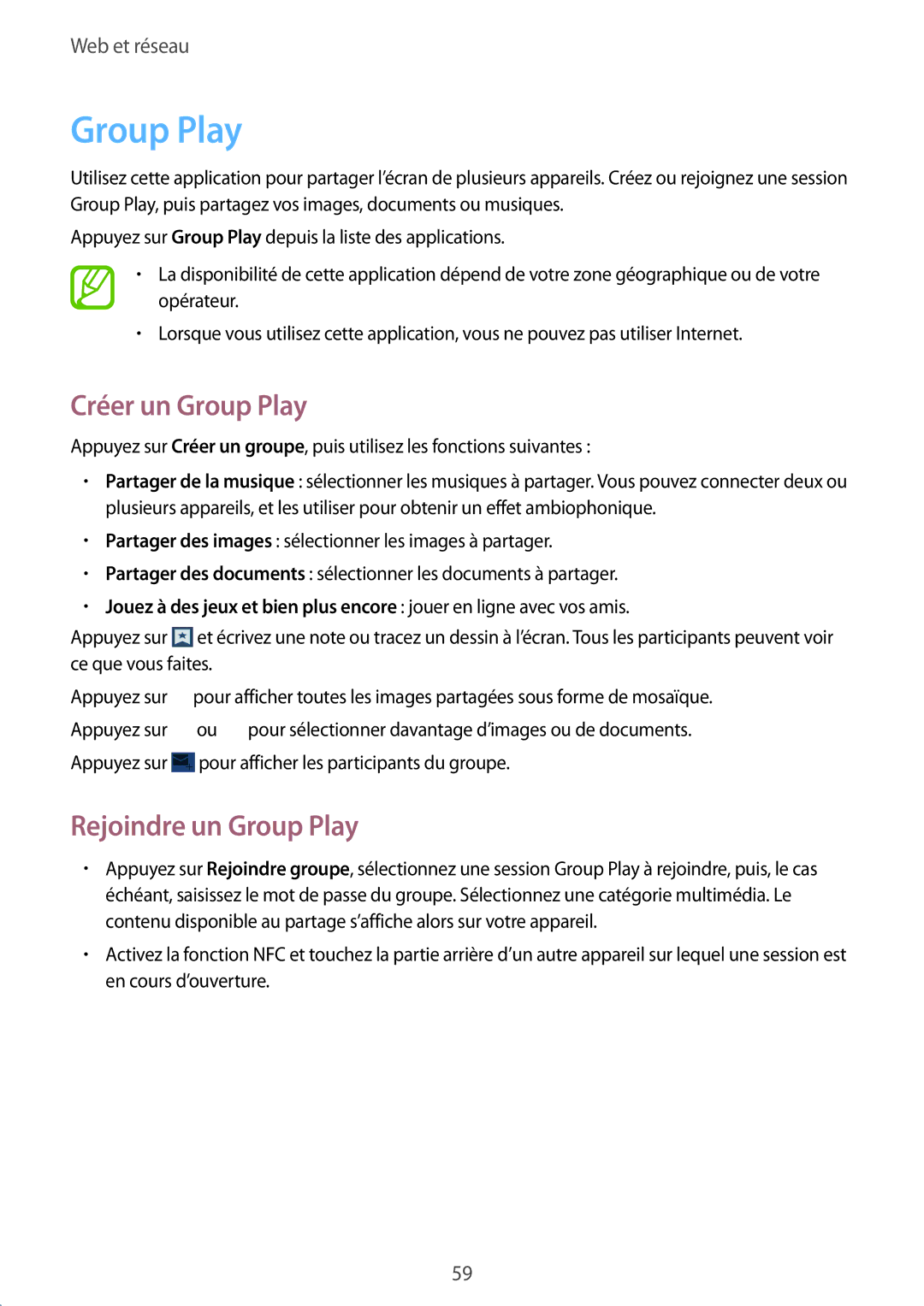 Samsung SM-G3815RWASFR, SM-G3815ZBASFR manual Créer un Group Play, Rejoindre un Group Play 