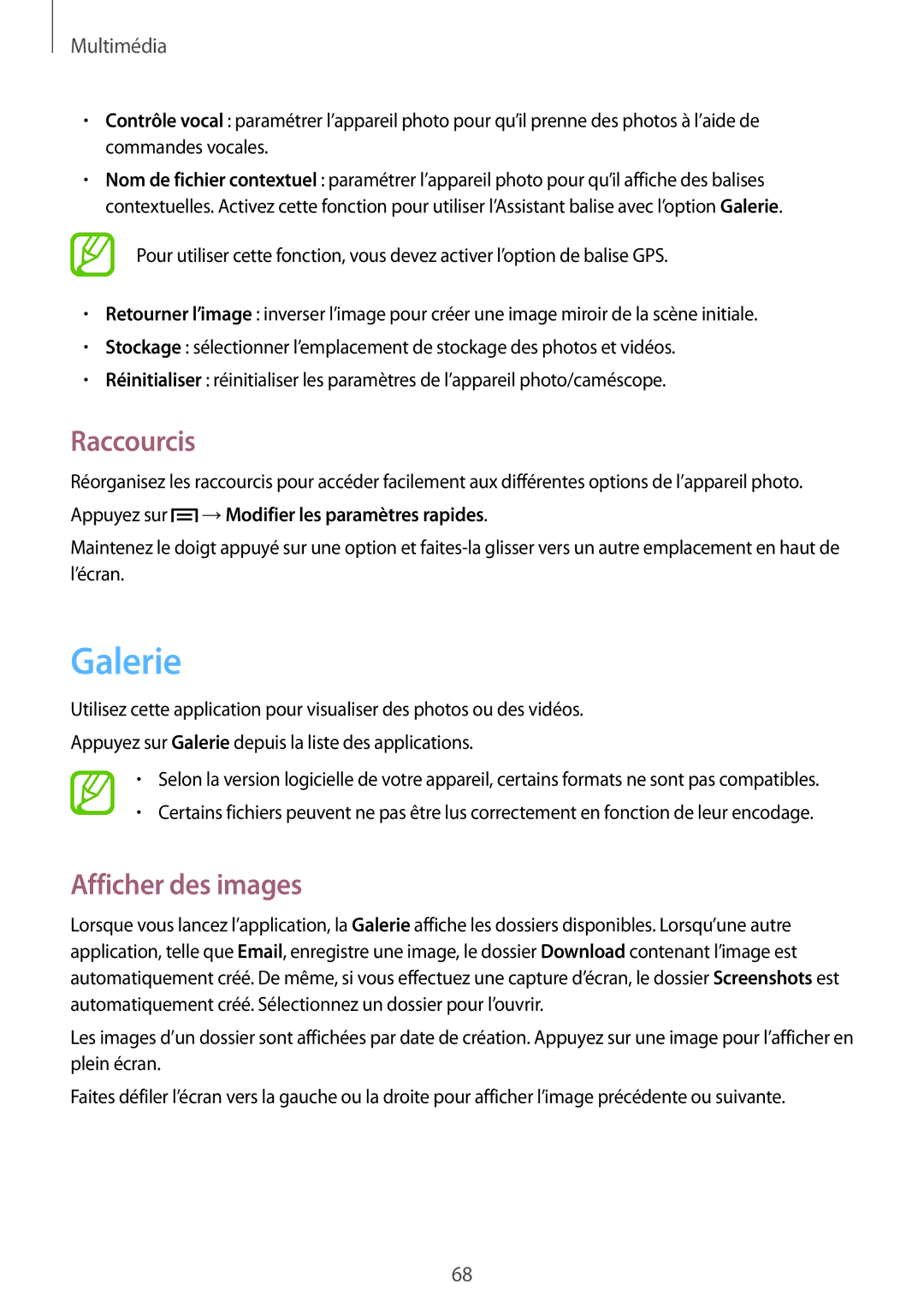 Samsung SM-G3815ZBASFR manual Galerie, Raccourcis, Afficher des images, Appuyez sur →Modifier les paramètres rapides 