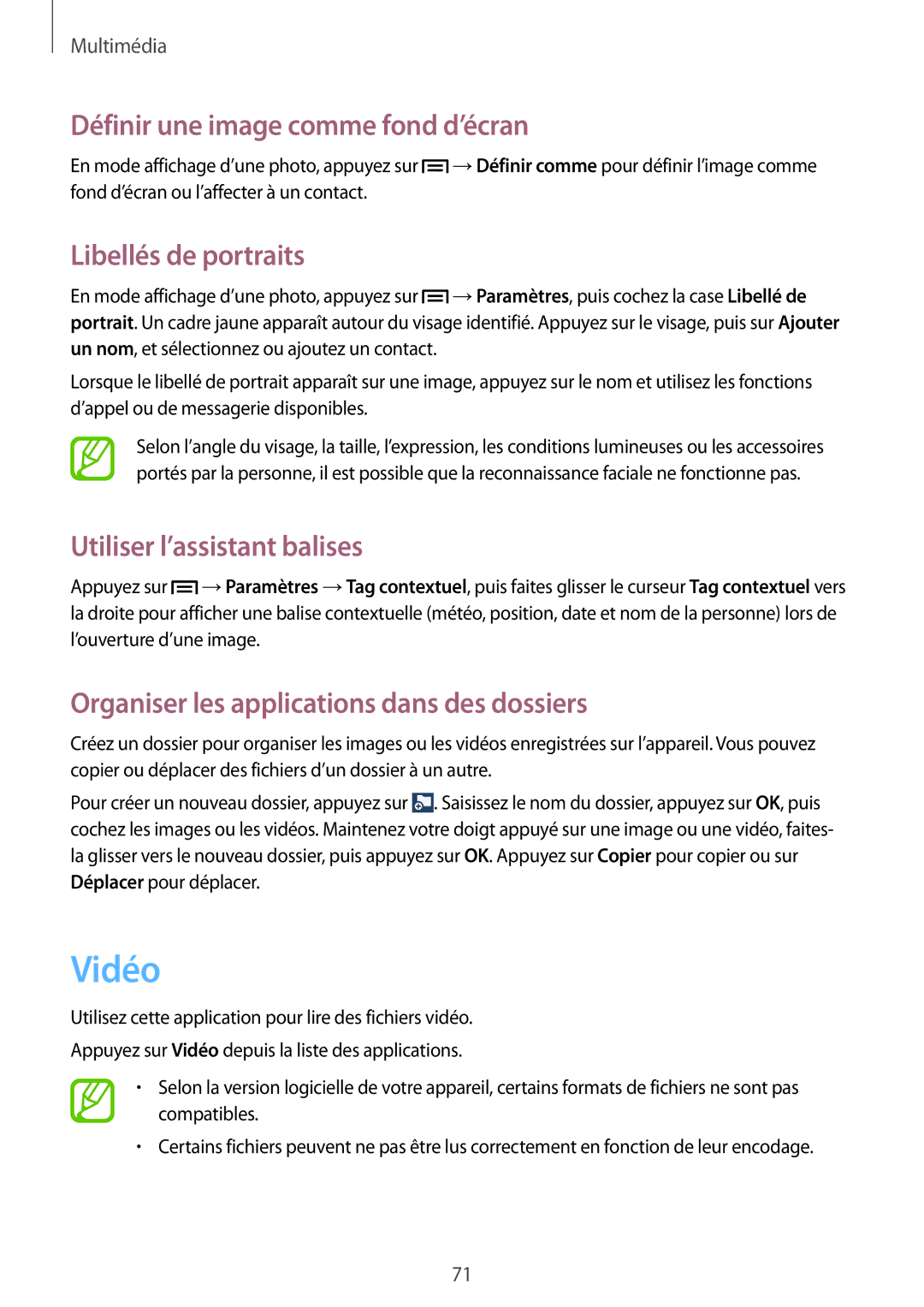 Samsung SM-G3815RWASFR Vidéo, Définir une image comme fond d’écran, Libellés de portraits, Utiliser l’assistant balises 