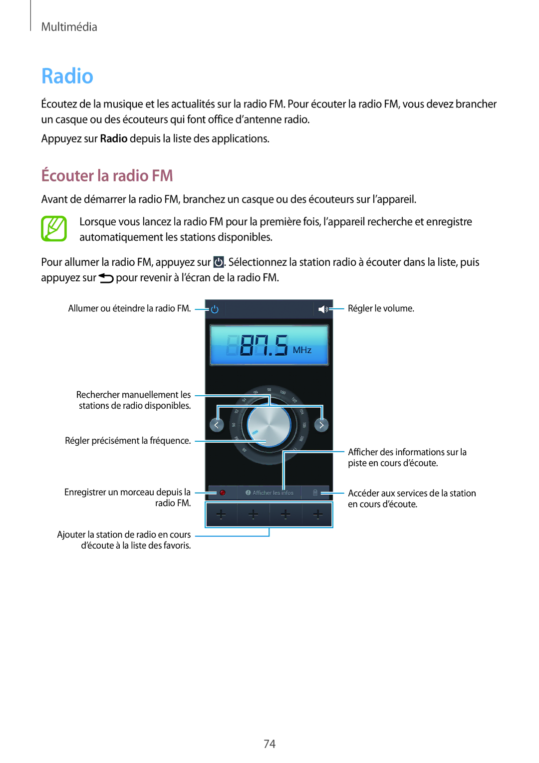 Samsung SM-G3815ZBASFR, SM-G3815RWASFR manual Radio, Écouter la radio FM 