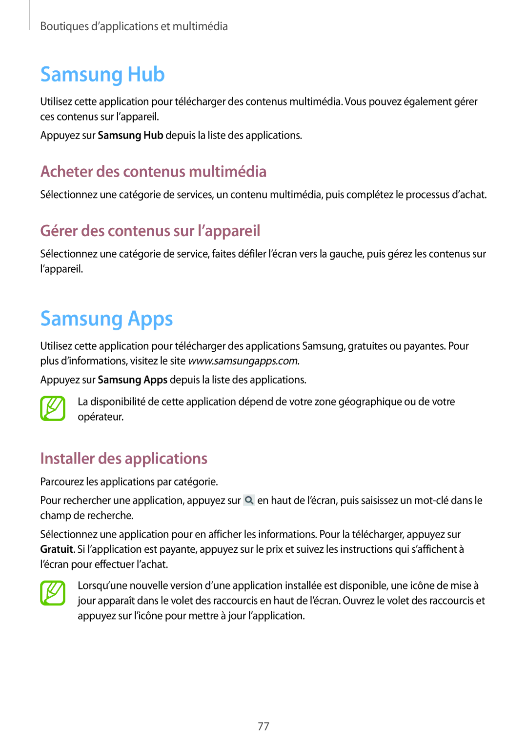 Samsung SM-G3815RWASFR manual Samsung Hub, Samsung Apps, Acheter des contenus multimédia, Gérer des contenus sur l’appareil 