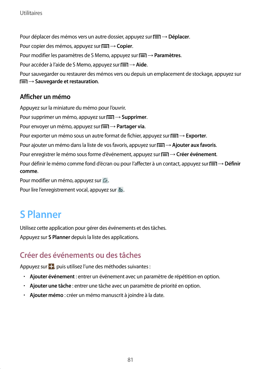 Samsung SM-G3815RWASFR, SM-G3815ZBASFR manual Planner, Créer des événements ou des tâches, Afficher un mémo 