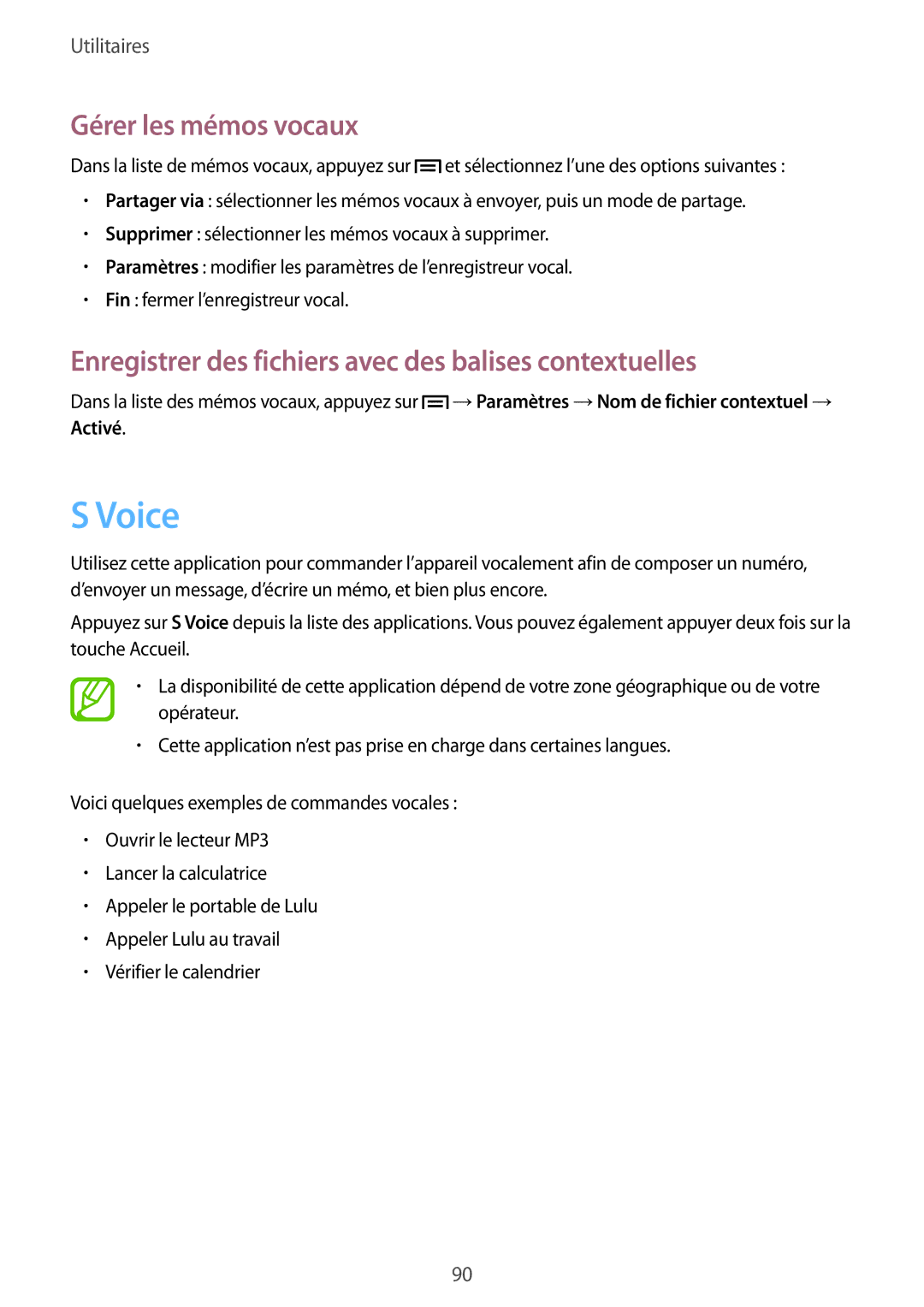 Samsung SM-G3815ZBASFR manual Voice, Gérer les mémos vocaux, Enregistrer des fichiers avec des balises contextuelles 