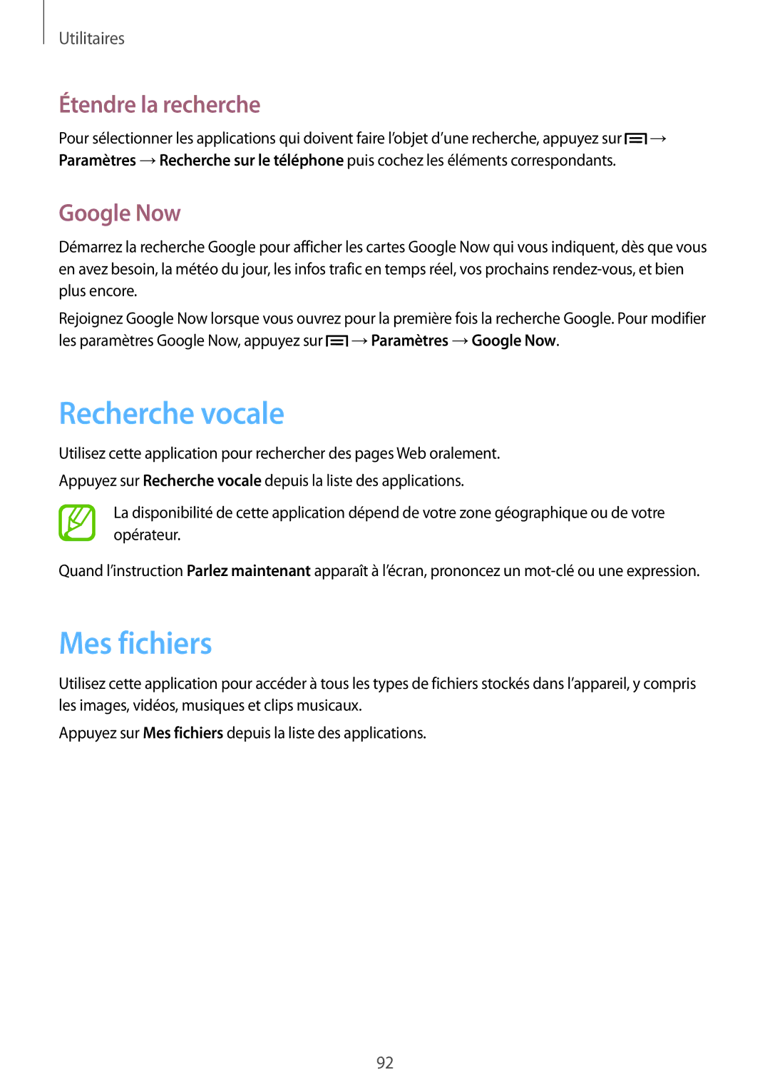 Samsung SM-G3815ZBASFR, SM-G3815RWASFR manual Recherche vocale, Mes fichiers, Étendre la recherche, Google Now 