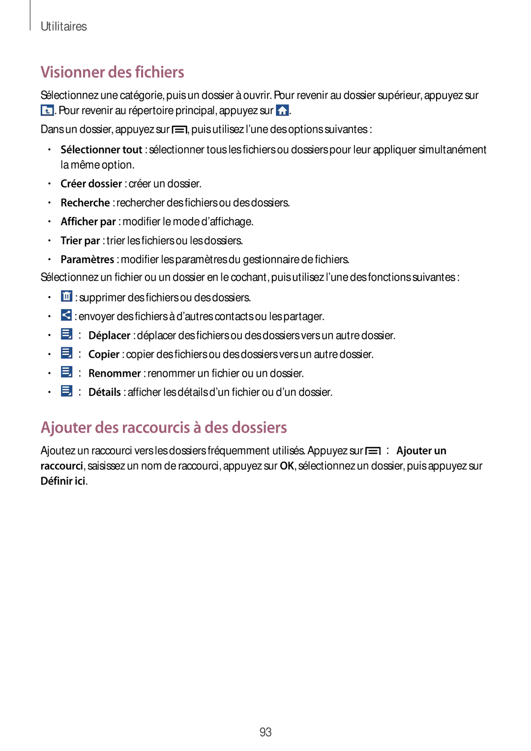 Samsung SM-G3815RWASFR, SM-G3815ZBASFR manual Visionner des fichiers, Ajouter des raccourcis à des dossiers 