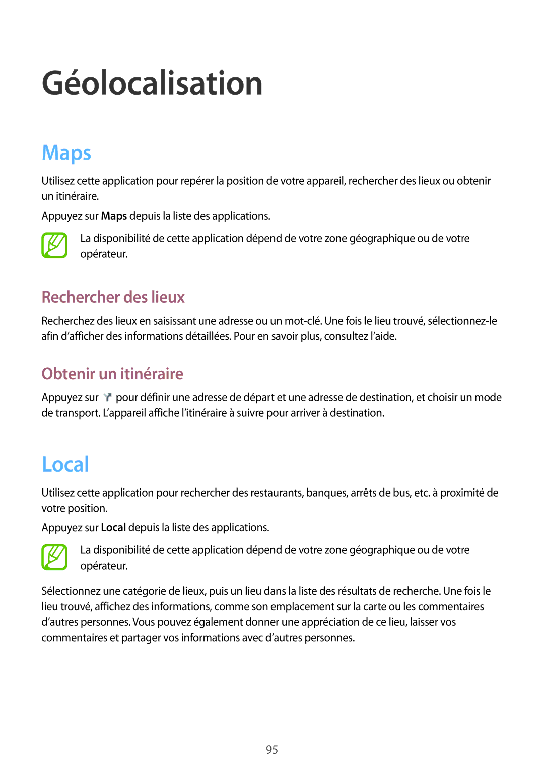 Samsung SM-G3815RWASFR, SM-G3815ZBASFR manual Géolocalisation, Maps, Local, Rechercher des lieux, Obtenir un itinéraire 