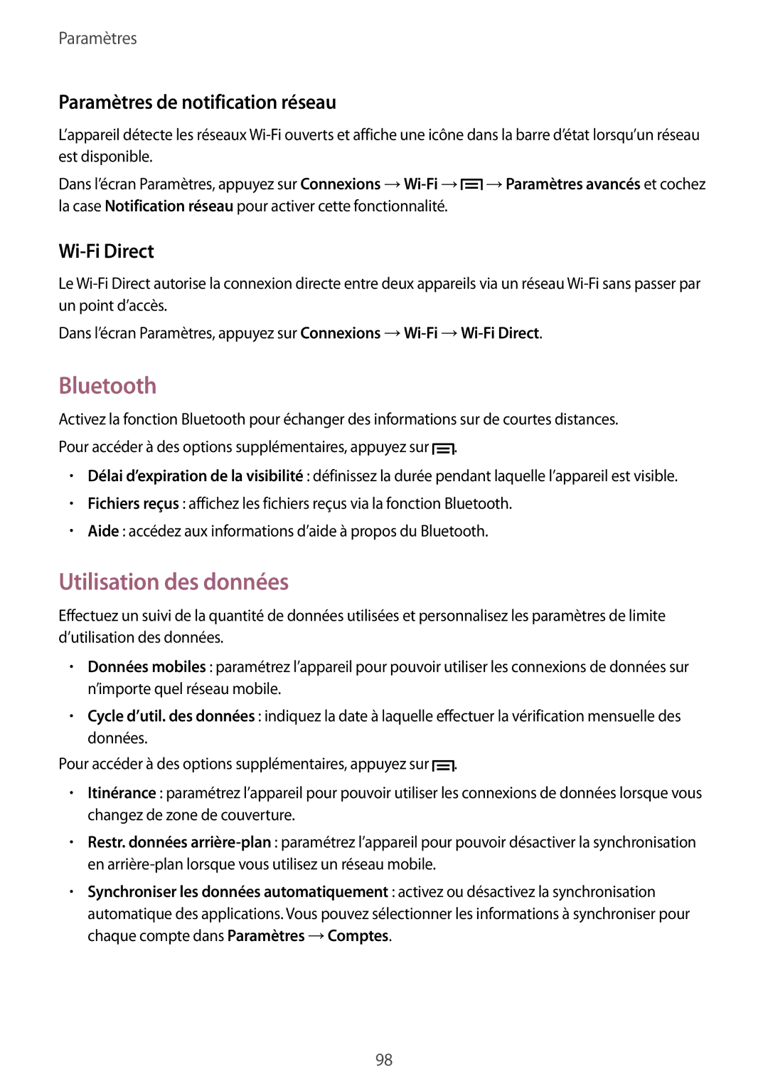 Samsung SM-G3815ZBASFR, SM-G3815RWASFR Bluetooth, Utilisation des données, Paramètres de notification réseau, Wi-Fi Direct 