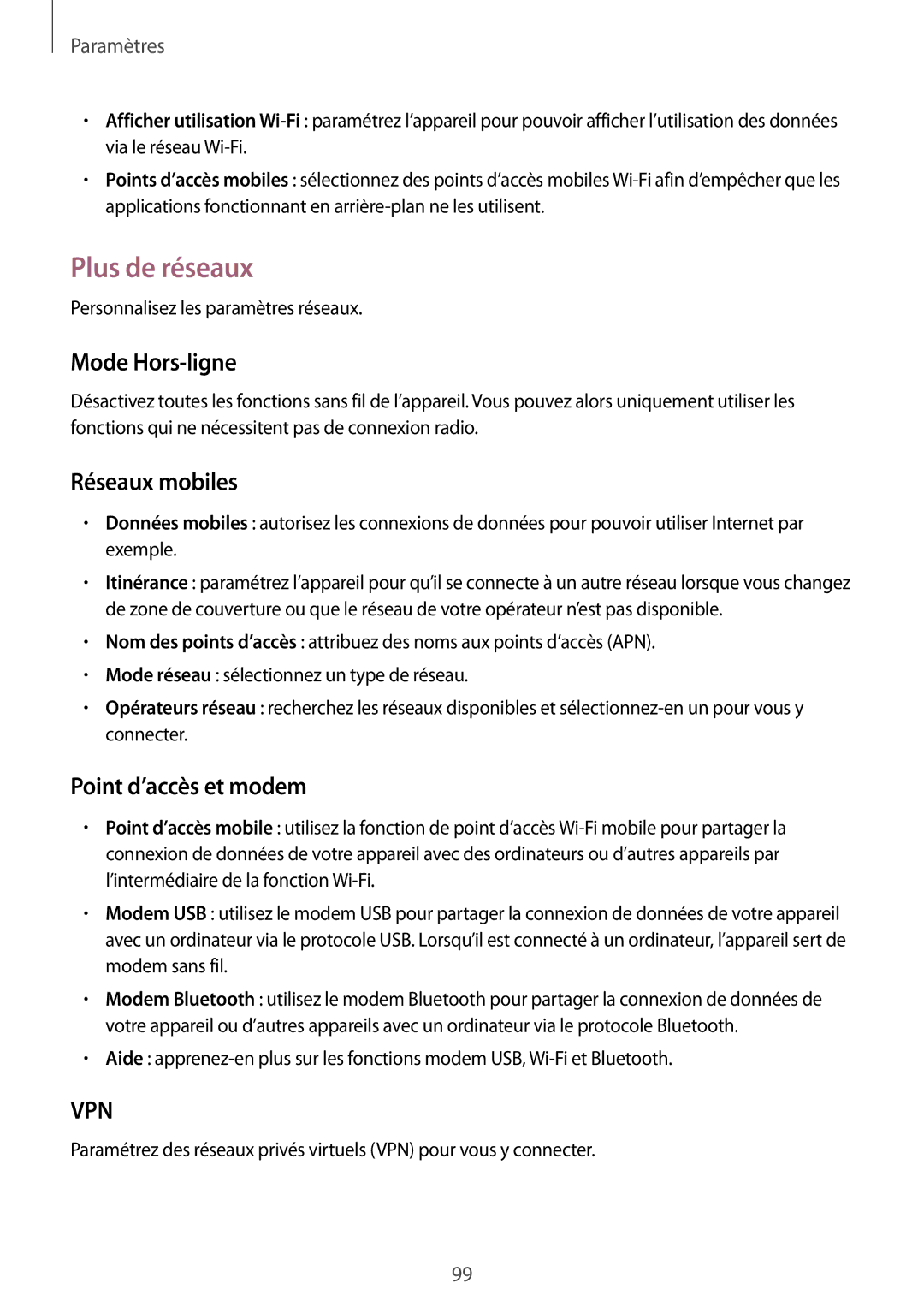 Samsung SM-G3815RWASFR, SM-G3815ZBASFR manual Plus de réseaux, Mode Hors-ligne, Réseaux mobiles, Point d’accès et modem 