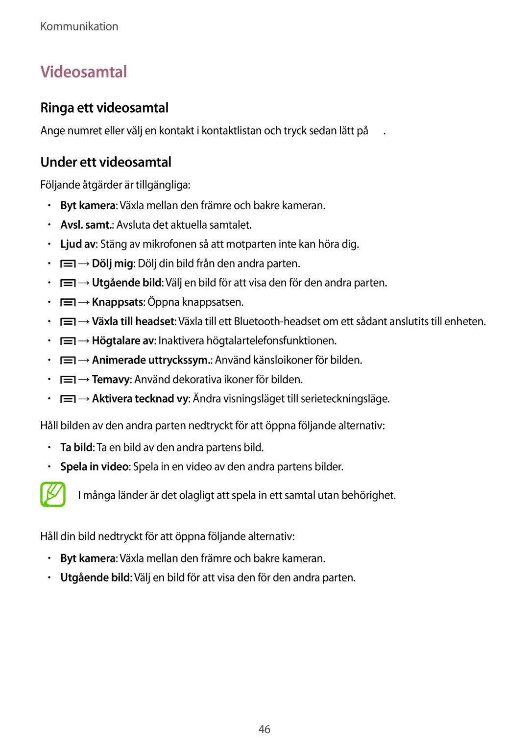 Samsung SM-G386FZKANEE, SM-G386FZWANEE manual Videosamtal, Ringa ett videosamtal, Under ett videosamtal 