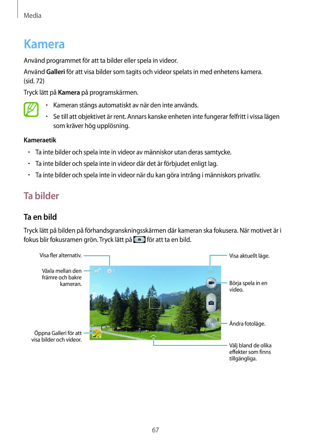 Samsung SM-G386FZWANEE, SM-G386FZKANEE manual Ta bilder, Ta en bild, Kameraetik 