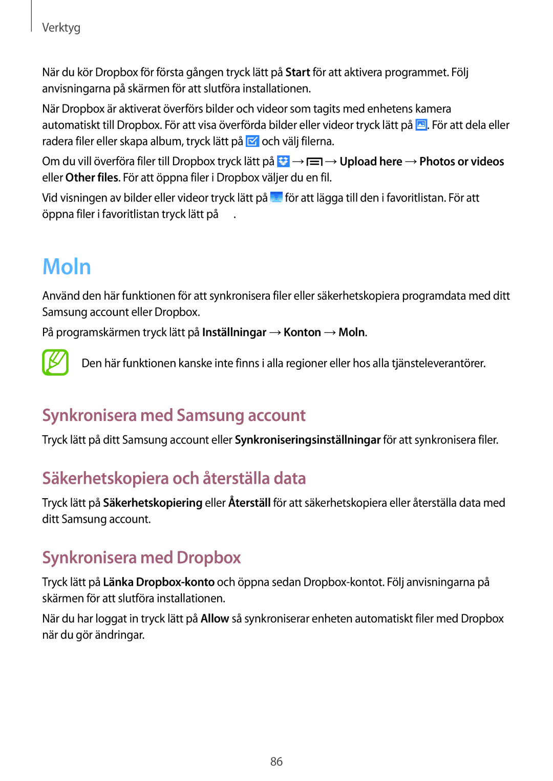 Samsung SM-G386FZKANEE, SM-G386FZWANEE manual Moln, Synkronisera med Samsung account, Säkerhetskopiera och återställa data 