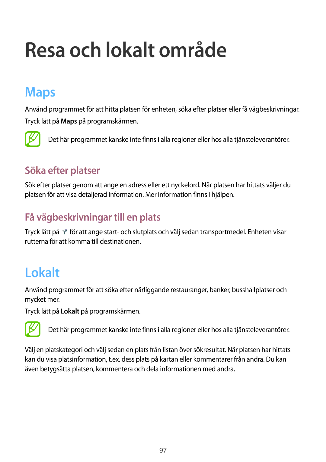 Samsung SM-G386FZWANEE manual Resa och lokalt område, Maps, Lokalt, Söka efter platser, Få vägbeskrivningar till en plats 