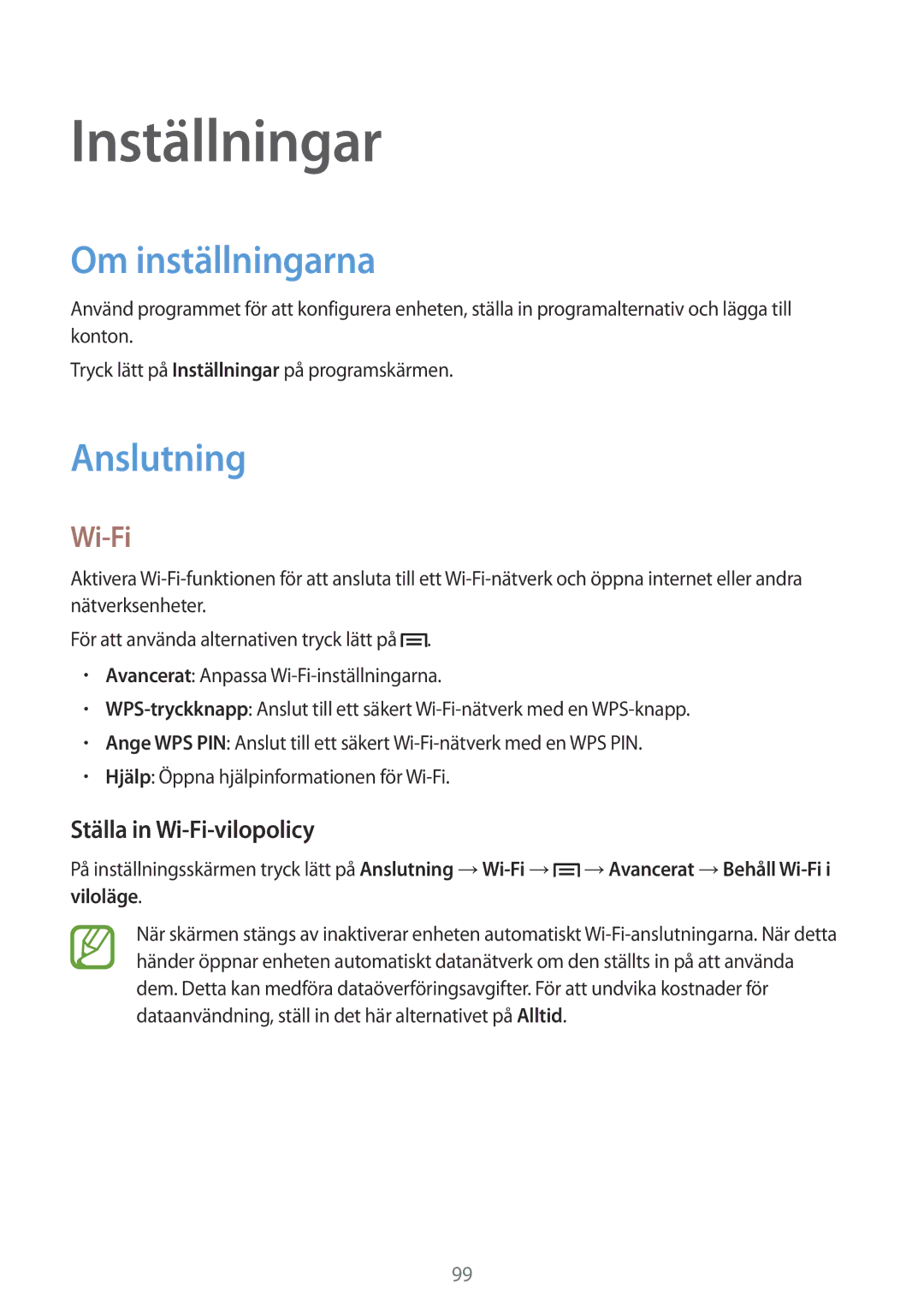 Samsung SM-G386FZWANEE, SM-G386FZKANEE manual Inställningar, Om inställningarna, Anslutning, Ställa in Wi-Fi-vilopolicy 