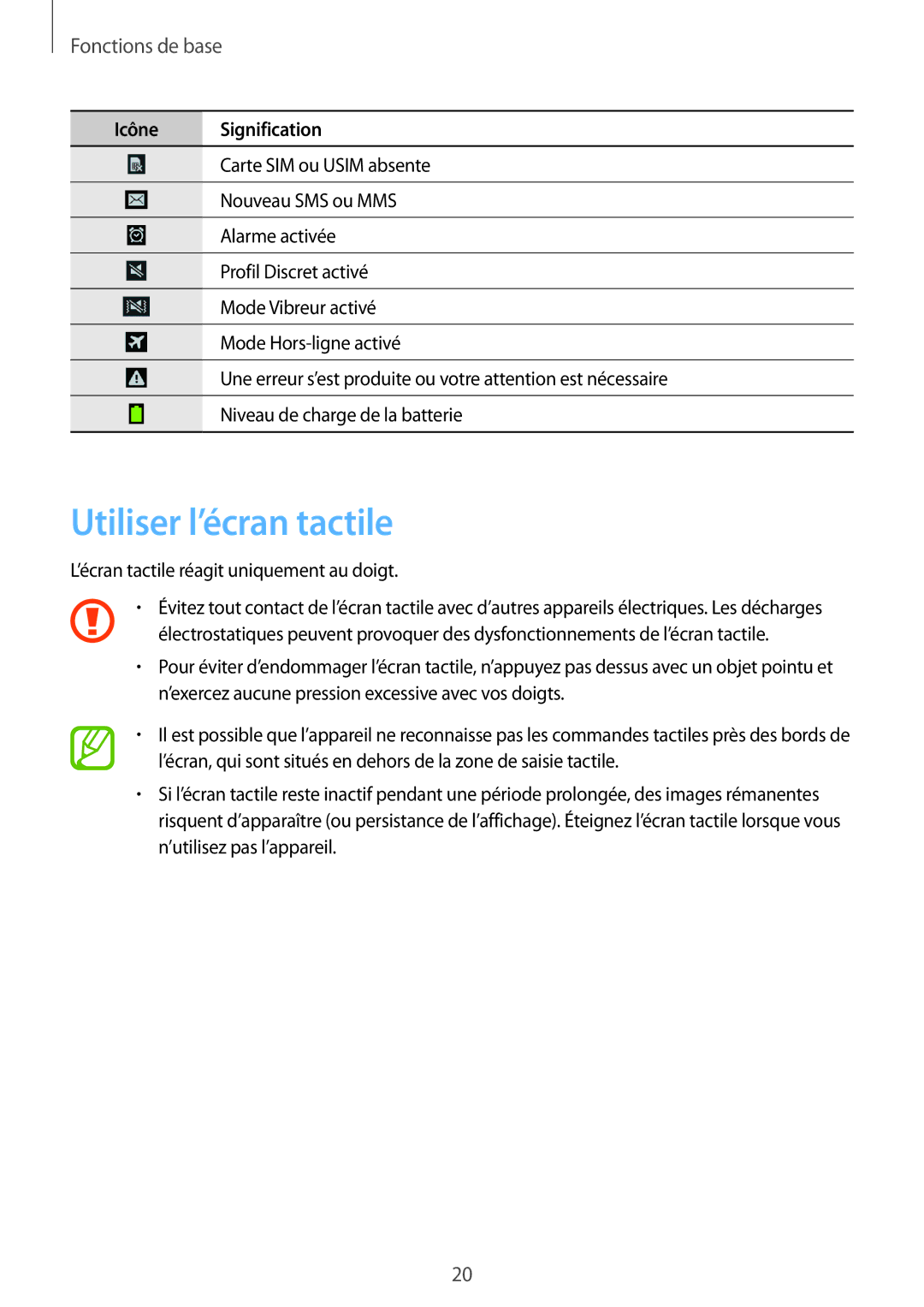 Samsung SM-G386FZWAVGF, SM-G386FZKANRJ, SM-G386FZKAXEF, SM-G386FZWAXEF manual Utiliser l’écran tactile, Fonctions de base 