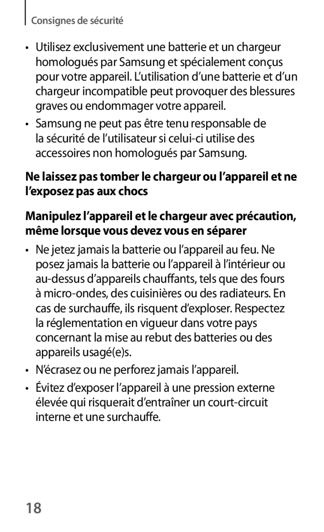 Samsung SM-G386FZKANRJ, SM-G386FZKAXEF, SM-G386FZWAVGF, SM-G386FZWAXEF manual ’écrasez ou ne perforez jamais l’appareil 