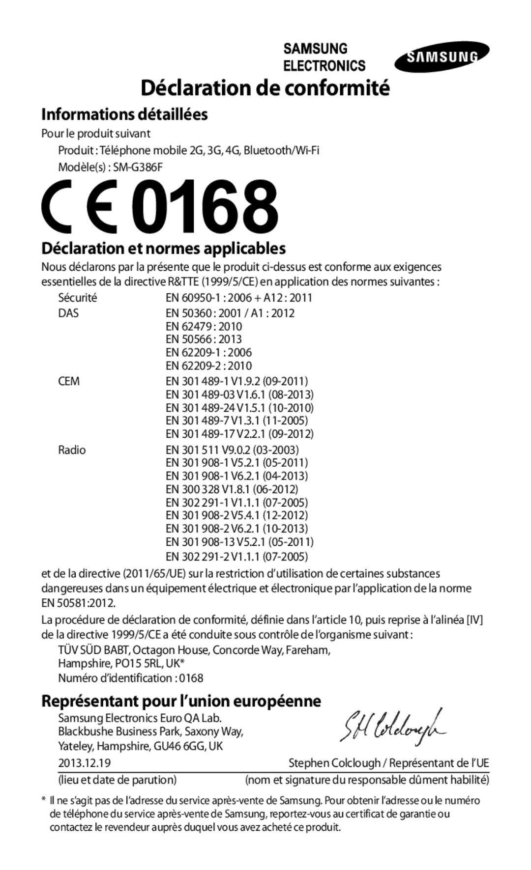 Samsung SM-G386FZWAXEF, SM-G386FZKANRJ, SM-G386FZKAXEF, SM-G386FZWAVGF, SM-G386FZWANRJ manual Déclaration de conformité 