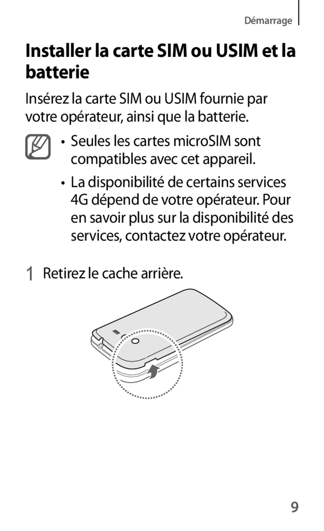 Samsung SM-G386FZWAXEF, SM-G386FZKANRJ, SM-G386FZKAXEF, SM-G386FZWAVGF manual Installer la carte SIM ou Usim et la batterie 