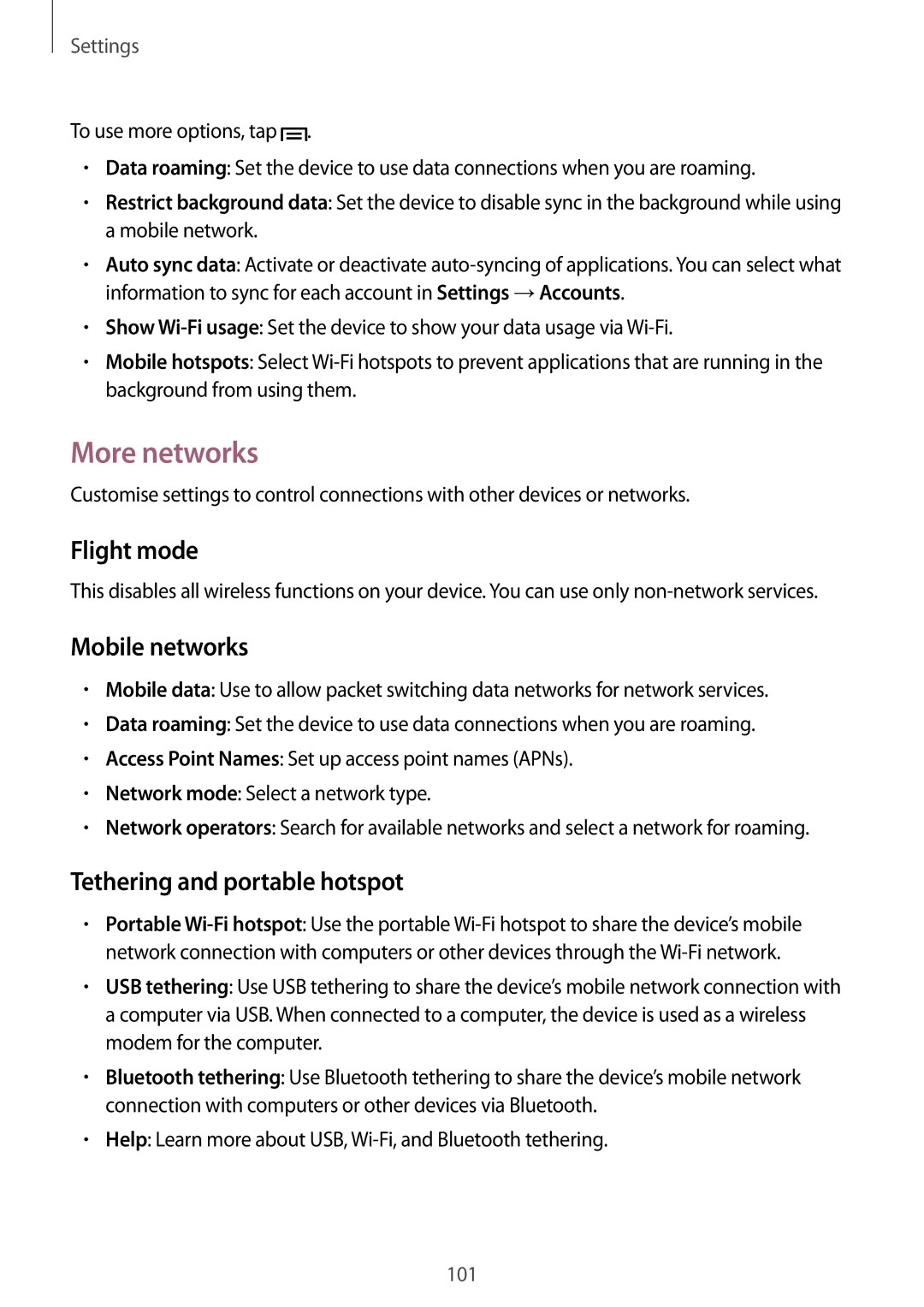 Samsung SM-G386FZKANEE, SM-G386FZKAPRT manual More networks, Flight mode, Mobile networks, Tethering and portable hotspot 