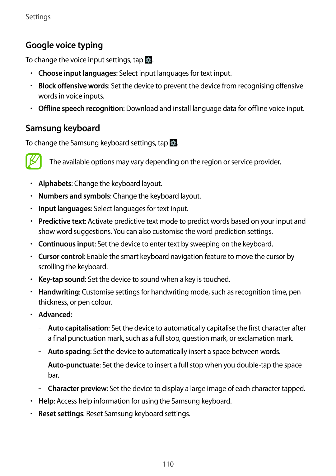 Samsung SM-G386FZKADBT, SM-G386FZKAPRT, SM-G386FZWADBT, SM-G386FZWASEB manual Google voice typing, Samsung keyboard, Advanced 