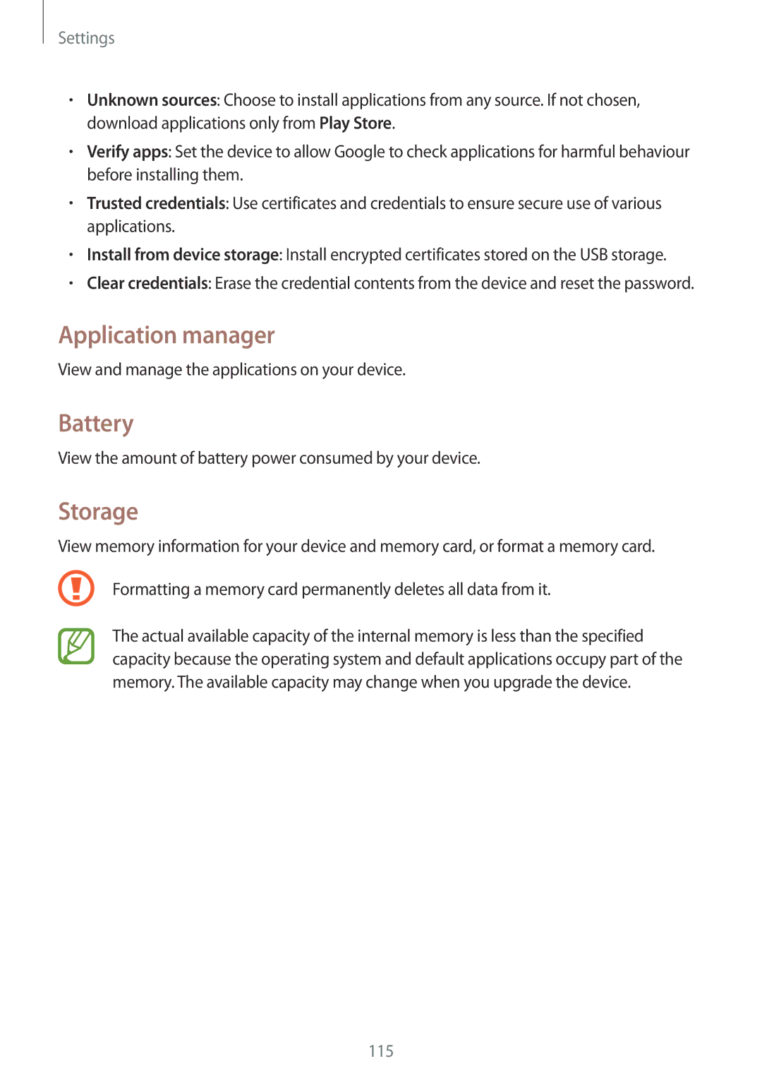 Samsung SM-G386FZWANRJ, SM-G386FZKAPRT, SM-G386FZWADBT, SM-G386FZWASEB, SM-G386FZKASEB Application manager, Battery, Storage 