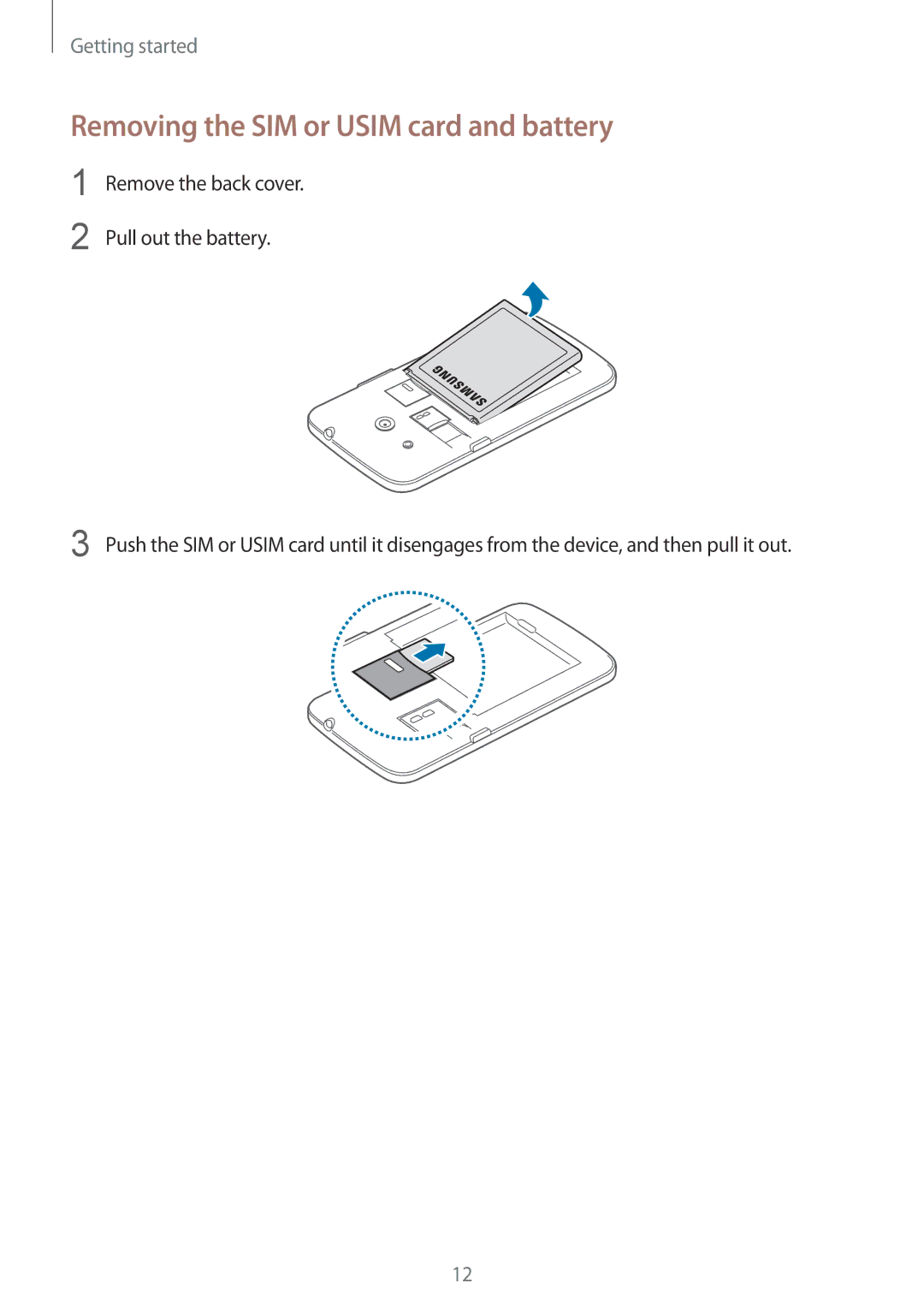 Samsung SM-G386FZWAHUI, SM-G386FZKAPRT, SM-G386FZWADBT, SM-G386FZWASEB manual Removing the SIM or Usim card and battery 