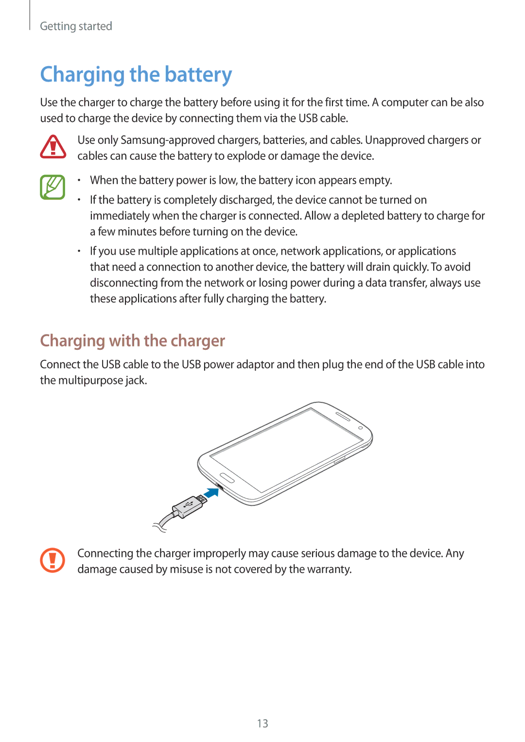 Samsung SM-G386FZKAHUI, SM-G386FZKAPRT, SM-G386FZWADBT, SM-G386FZWASEB manual Charging the battery, Charging with the charger 