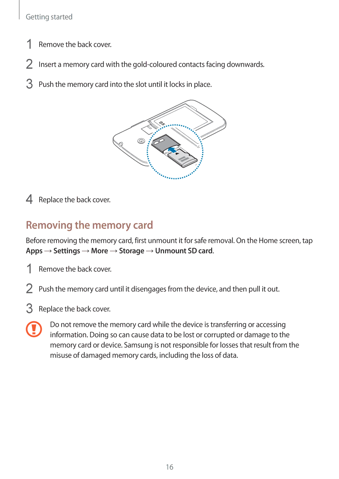 Samsung SM-G386FZWALUX, SM-G386FZKAPRT, SM-G386FZWADBT, SM-G386FZWASEB, SM-G386FZKASEB manual Removing the memory card 