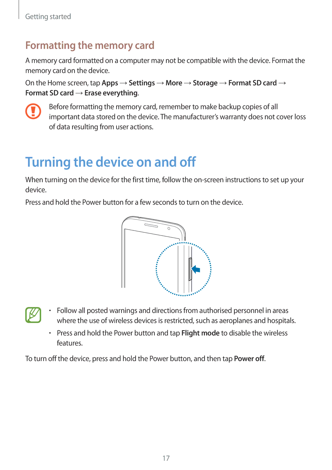 Samsung SM-G386FZWAROM, SM-G386FZKAPRT, SM-G386FZWADBT manual Turning the device on and off, Formatting the memory card 