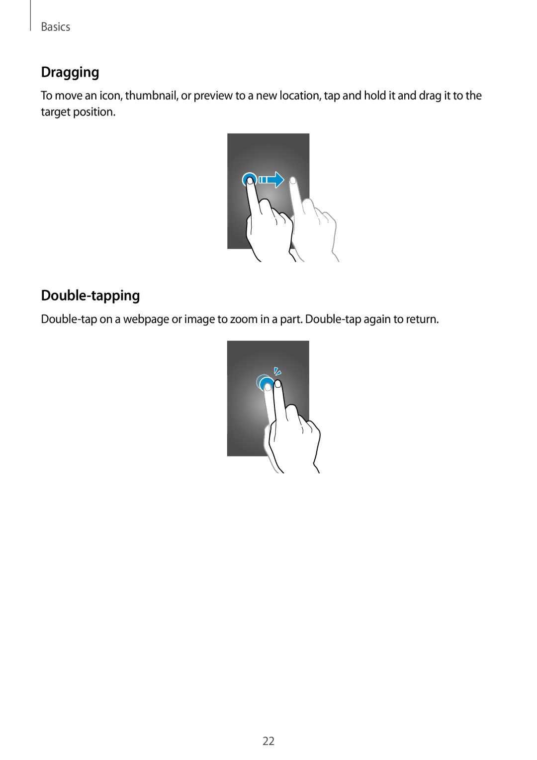 Samsung SM-G386FZWAPAN, SM-G386FZKAPRT, SM-G386FZWADBT, SM-G386FZWASEB, SM-G386FZKASEB manual Dragging, Double-tapping 