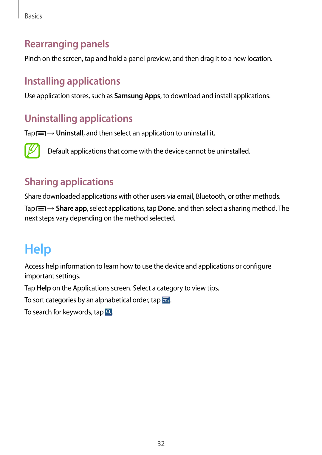 Samsung SM-G386FZWANEE, SM-G386FZKAPRT manual Help, Installing applications, Uninstalling applications, Sharing applications 