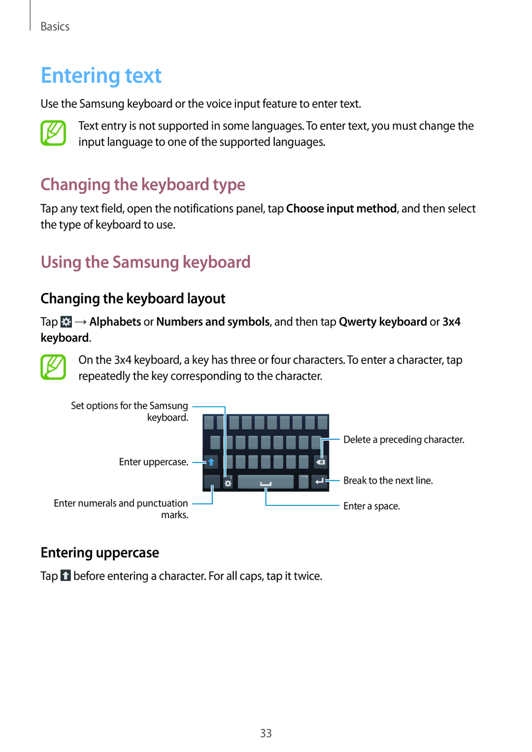 Samsung SM-G386FZWASER Entering text, Changing the keyboard type, Using the Samsung keyboard, Changing the keyboard layout 