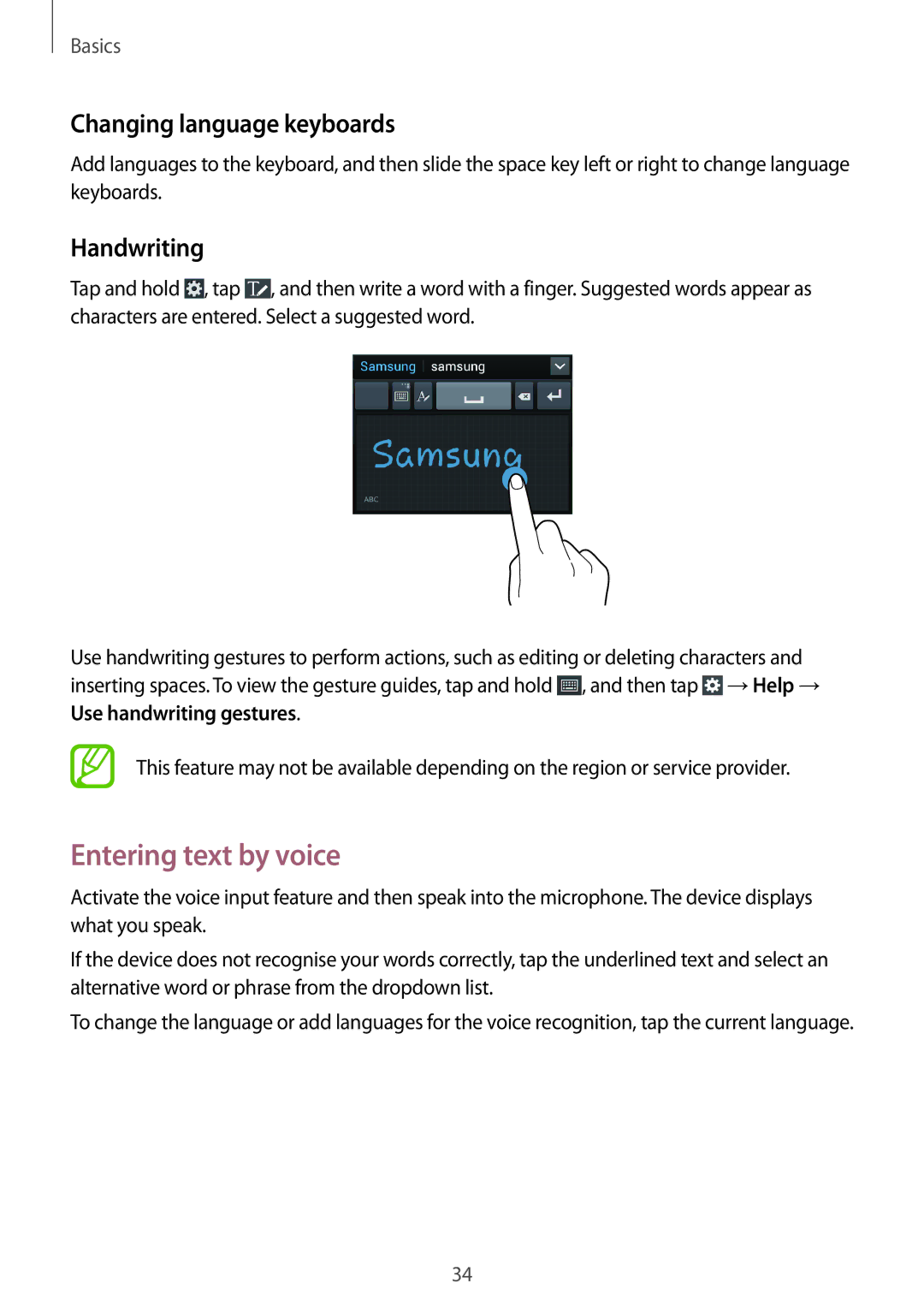 Samsung SM-G386FZKASER, SM-G386FZKAPRT, SM-G386FZWADBT Entering text by voice, Changing language keyboards, Handwriting 