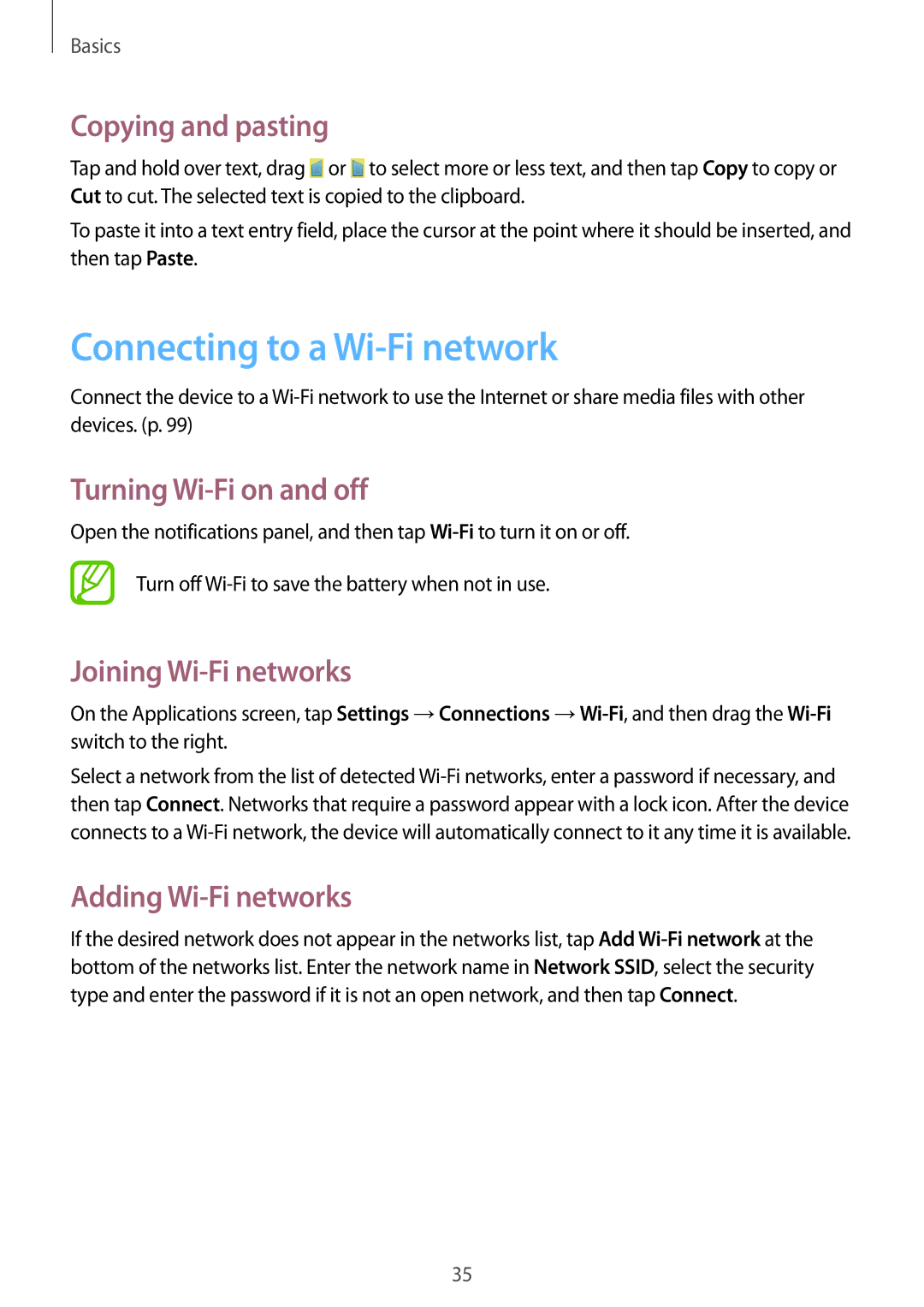 Samsung SM-G386FZKAPRT Connecting to a Wi-Fi network, Copying and pasting, Turning Wi-Fi on and off, Adding Wi-Fi networks 